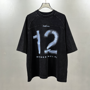 Digital Print 12 Skeleton Patchwork Washed Distressed T Shirt Rivet Decor High Quality Custom <b>Logo</b> for Small Orders - Product Image 1