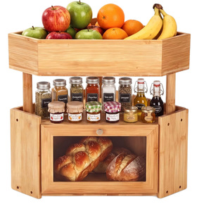 Étagère d'angle en bambou à double niveau pour fruits et pain, boîte de rangement en bois massif anti-poussière pour cuisine - Product Image 5