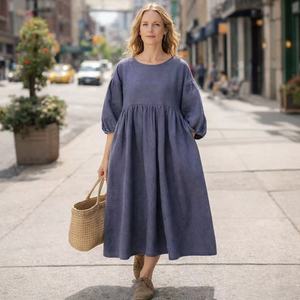 Custom-made Blue <strong>Linen</strong> Women's <strong>Dress</strong> Is Breathable, Loose and Mid-length, Suitable for Daily Casual Wear and <strong>Wedding</strong> Outfits - Product Image 3