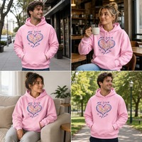 Pull à capuche rose pour femme avec motif cœur, poche kangourou, manches longues, ourlet côtelé, style streetwear, personnalisable, vente en gros