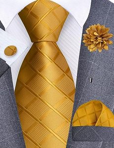 Ensemble de luxe pour homme : cravate rayée dorée, pochette de costume, boutons de manchette et broche, pour affaires - Product Image 6
