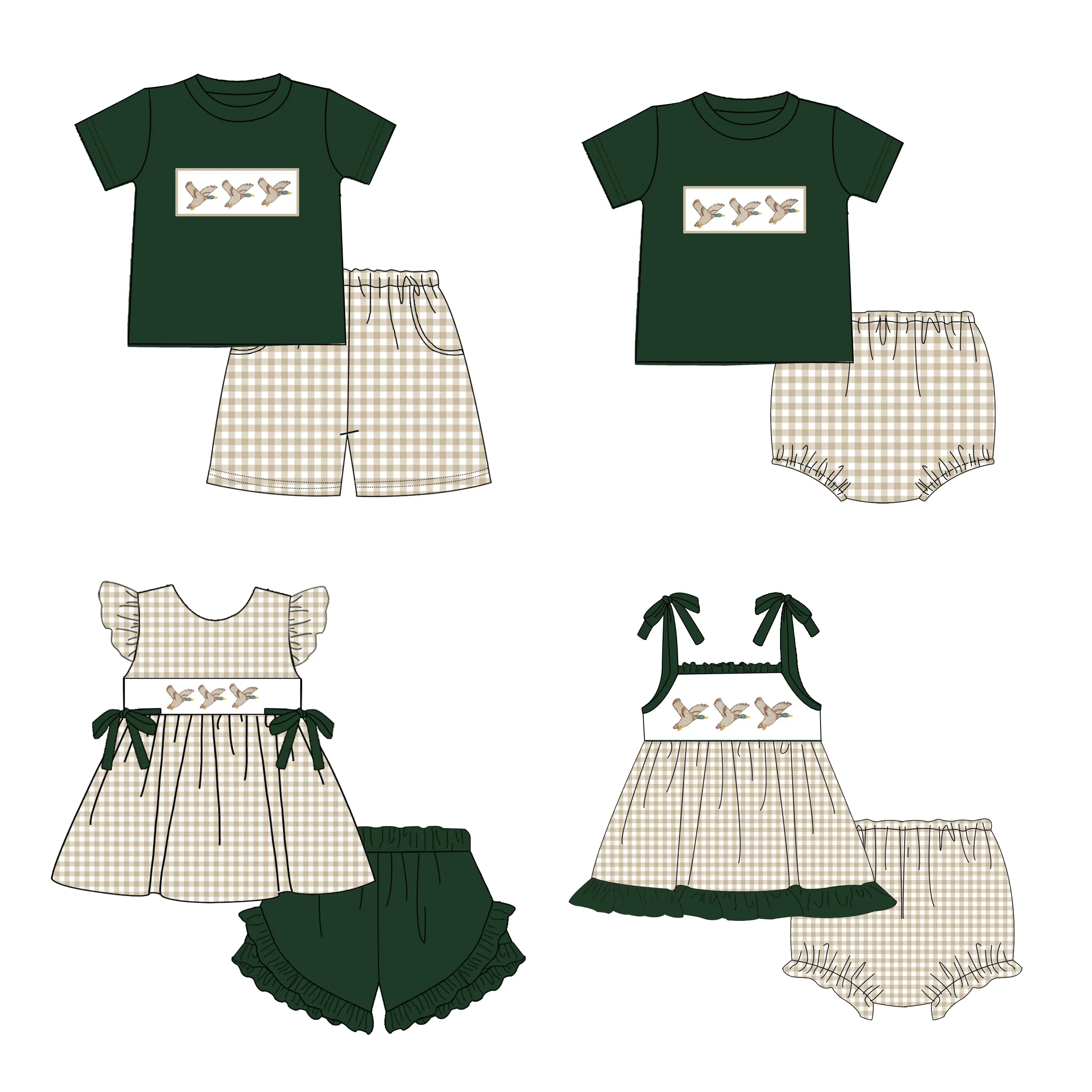 Puresun最新デザイン子供服狩猟マラードダックパッチ刺繍綿男の子服セット