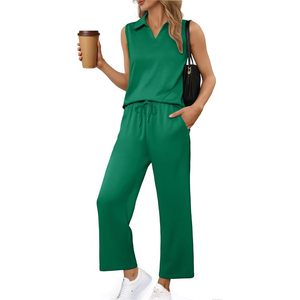 FOXA Women 2 Piece Sleeveless V Neck Top Wide Leg Crop Pants Set Breathable Knitted <b>Lounge</b> Wear Summer Travel Outfits - Product Image 1