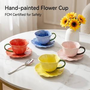 Factory Direct Flower Style <strong>Ceramic</strong> Coffee <strong>Mug</strong> and Saucer Set 250ml Capacity <strong>Ceramic</strong> <strong>Handmade</strong> Painting Tea Cup - Product Image 2