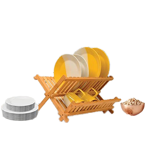 Escurridor plegable de madera ecológico para cocina de 2 niveles, estante para platos de bambú con juego de soporte para cubiertos y utensilios - Product Image 2