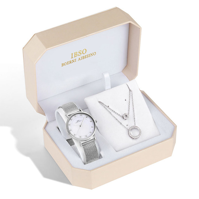 IBSO Brand Women Watch Set Silver Necklace Quartz Watch Set Female Jewelry Fashion Creative Crystal Quartz Watch Lady's Gift
