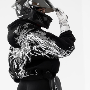 Sudadera con capucha unisex personalizada de algodón polar con estampado reflectante en serigrafía y efecto puff, corte holgado, estilo motociclista, para hombre - Product Image 1