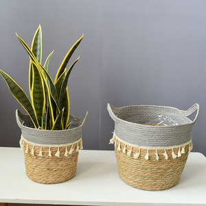<b>Woven</b> <b>Baskets</b> Round Beige And Gray Handmade Storage <b>Basket</b> For Plant Home Decoration - Product Image 1