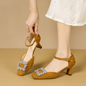 Escarpins Mary Jane en daim à bout carré, talon chaton, bride cheville ornée de strass, légers, pour femme 6888C-118 - Product Image 3