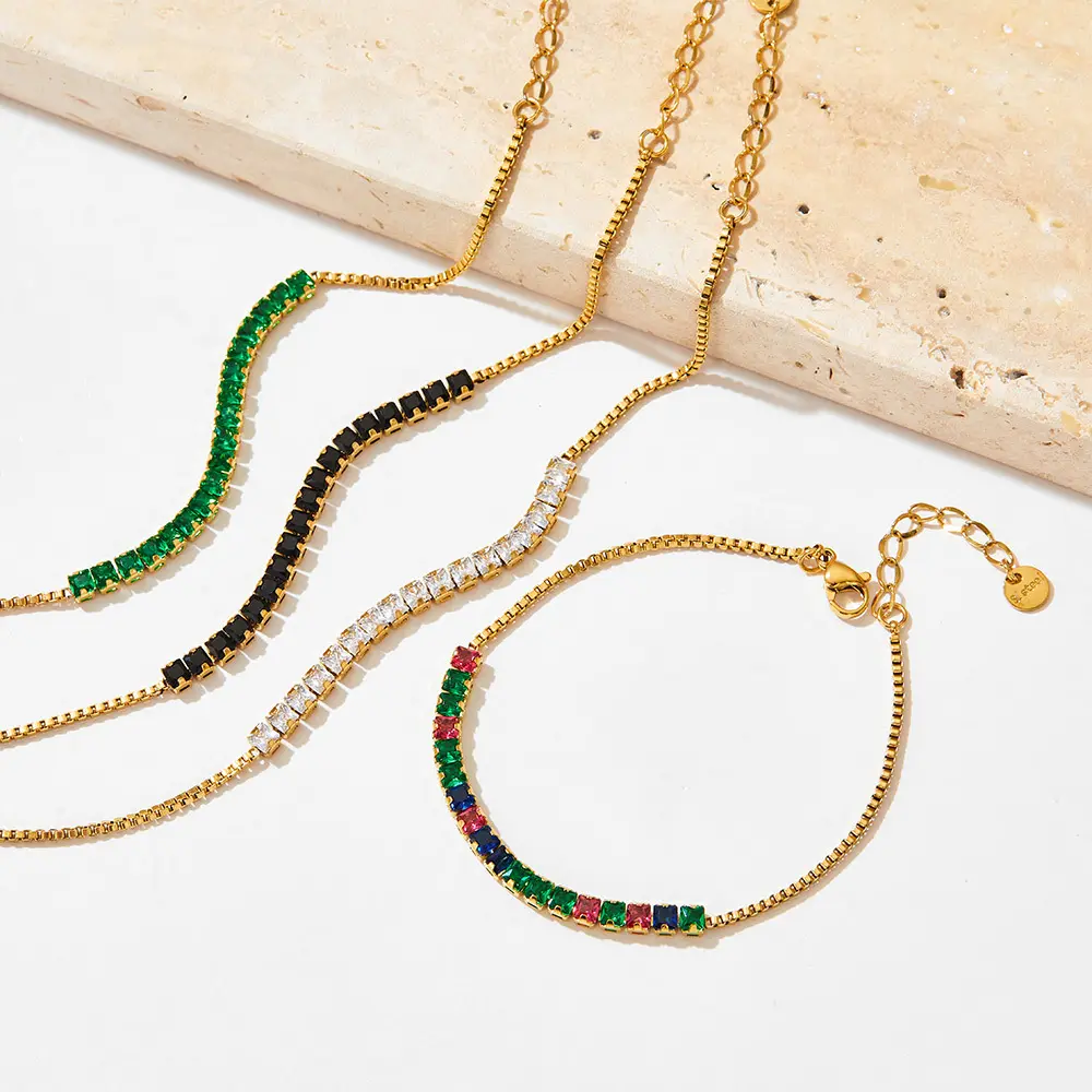 Catene Slideable 18K oro placcato in acciaio inox Vintage simulato smeraldo braccialetti braccialetti di pietre preziose per ragazze donne