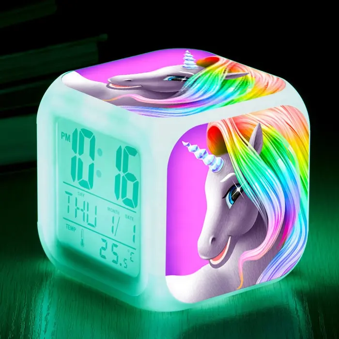 Cube alarm clock light colors changing desk table clock for children kids digital promotion logo gift thermometer calendar clock