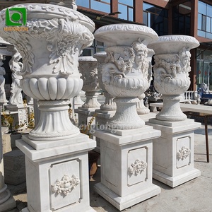 Vaso di fiori rotondo intagliato <span class=keywords><strong>frutta</strong></span> decorazione giardino di alta qualità in marmo bianco - Product Image 4