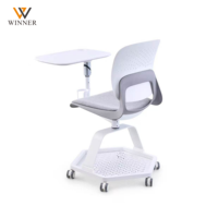 Chaise de formation ergonomique au design moderne avec support lombaire, réglable en hauteur, pliable, avec tablette d'écriture, roulettes et dossier en maille, pour l'école et la maison