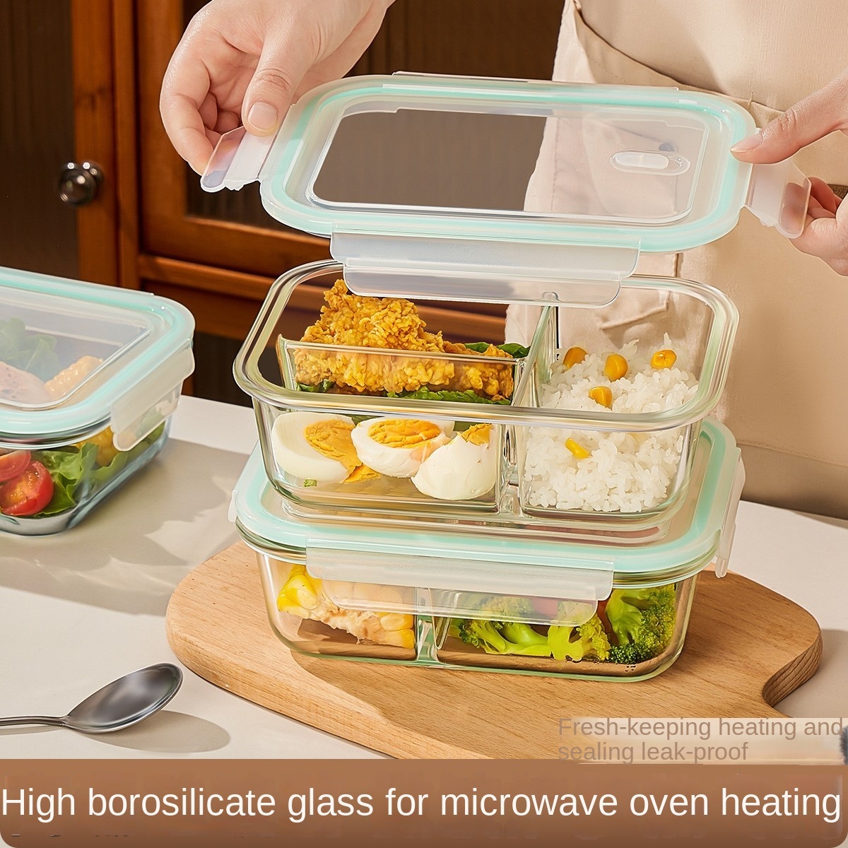 Modern Eco-Friendly Sustainable Glass Lunch Box Microwave Safe Rectangular Large Capacity Fresh-Keeping Lid Multifunction Food view 3