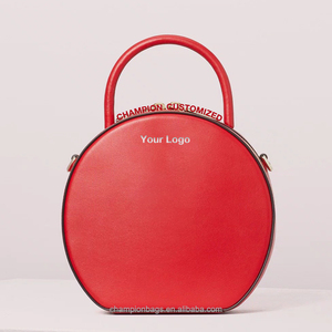 Bolso Bandolera Redondo de Cuero Liso Rojo con Logotipo Personalizado, Bolso de Mano Clásico para Mujer - Product Image 1