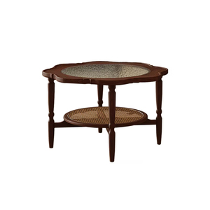 Tavolino da Caffè <span class=keywords><strong>in</strong></span> <span class=keywords><strong>Legno</strong></span> <span class=keywords><strong>Massello</strong></span> Naturale e Rattan, Stile Retrò a Forma di Fiore, Eco-Friendly, Design Vintage, Colore Noce per Soggiorno - Product Image 4
