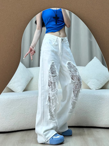 American Vintage Lace Ripped Denim <span class=keywords><strong>Pantalon</strong></span> de vadrouille <span class=keywords><strong>blanc</strong></span> à taille haute et à séchage rapide pour femmes - Product Image 4
