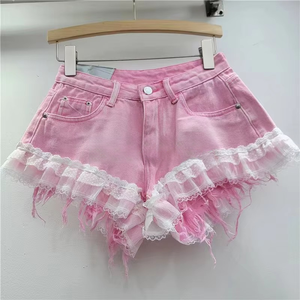 Shorts <span class=keywords><strong>de</strong></span> mezclilla <span class=keywords><strong>de</strong></span> pierna ancha al por mayor para <span class=keywords><strong>mujer</strong></span>, ideales para el verano, <span class=keywords><strong>de</strong></span> cintura alta con encaje, que realzan la figura, largos, holgados y con un estilo dulce. - Product Image 4