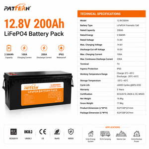PATTERN Baterai LiFePO4 12.8V 200Ah 12V 2.56kWh 6000 Siklus Smart BMS Pengganti Baterai Asam Timbal untuk Kapal Laut RV Camper - Product Image 6