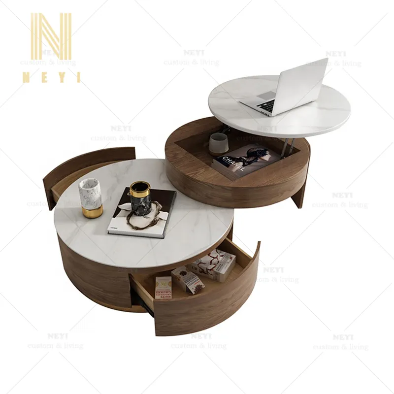 CT591 Professional Customized Home Furniture Modern Round Adjustable Slate Coffee Table Set