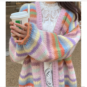 <b>Rainbow</b> Striped Knit Cardigan Women Loose Fit Color Block <b>Sweater</b> Coat Autumn Korean Style One Size Purple And Pink - Product Image 2