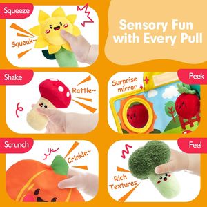 Jouet sensoriel Montessori en peluche Fruits Légumes Plantes de Jardin - Hochets, Miroir, Couineur, Textures, Tissus froissés - Cadeaux pour bébés - Product Image 6