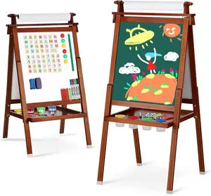 Double Sided Toddler Wooden Easel Adjustable Children Painting Easel With Dry Erase Board Chalkboard Paper Roll