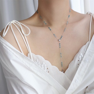 Colliers longs à pampilles en acier inoxydable avec pendentif coquillage et cristal bleu pour femmes, vente en gros - Product Image 4