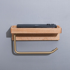 Porte-papier toilette mural en bois massif, en laiton, installation sans perçage, design rectangulaire minimaliste pour salle de bain - Product Image 4