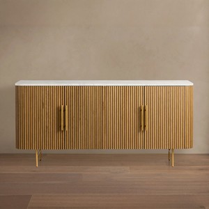 <span class=keywords><strong>Buffet</strong></span> moderne en chêne américain, meuble de rangement à 4 portes cannelées avec plateau en marbre, pieds métalliques de luxe, credenza imposante en <span class=keywords><strong>bois</strong></span> massif - Product Image 1