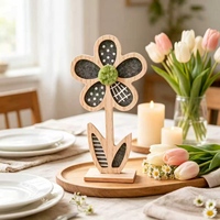 Figurine florale en bois, décoration de table printanière, centre en pompon de tissu à pétales, bois naturel, fait main, ornement pour bureau, étagère, rebord de fenêtre