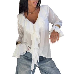 Nuova moda stile europeo americano <span class=keywords><strong>abbigliamento</strong></span> da <span class=keywords><strong>donna</strong></span> arricciato manica a campana con collo a V cravatta <span class=keywords><strong>Chic</strong></span> Chiffon camicetta da <span class=keywords><strong>donna</strong></span> - Product Image 4