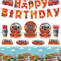 Ensemble de vaisselle jetable pour camion de pompiers, fournitures pour fête d'anniversaire de pompier pour enfants, bannière, assiettes, gobelets, serviettes, nappe, décorations