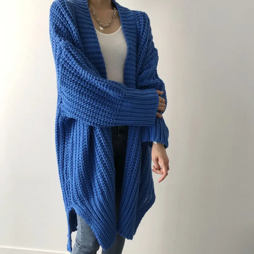Retro Royal blue loose long thick needle split knit sweater cardigan for women