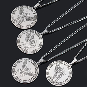 Hiphop Hommes Femmes Ton Argent Cadeau En Acier Inoxydable Religion Sept Archanges Ailes D'<span class=keywords><strong>ange</strong></span> Pendentif Rond Bijoux Collier - Product Image 1