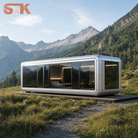 YUNBAY Cabine Capsule Apple Modulaire 46 m² avec Corps Courbé Aérodynamique, Verre Panoramique Noir et Cadre Argenté
