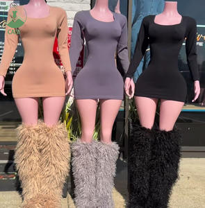 ملابس نسائية عصرية كاجوال بضلع فستان أساسي بلون طويل الأكمام للبنات خريف ربيع ملابس نسائية للنساء - Product Image 1