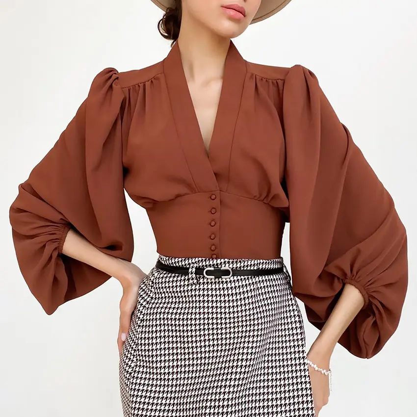 2022 Trendy Cute Blouse Women Simple Top Long Lantern Sleeves V Neck Buttons Up Women Blouse
