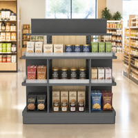 Présentoir de magasin à 3 niveaux avec panneau de tête, 3 sections, étagères de sécurité givrées, panneau arrière en grain de bois et montants rainurés