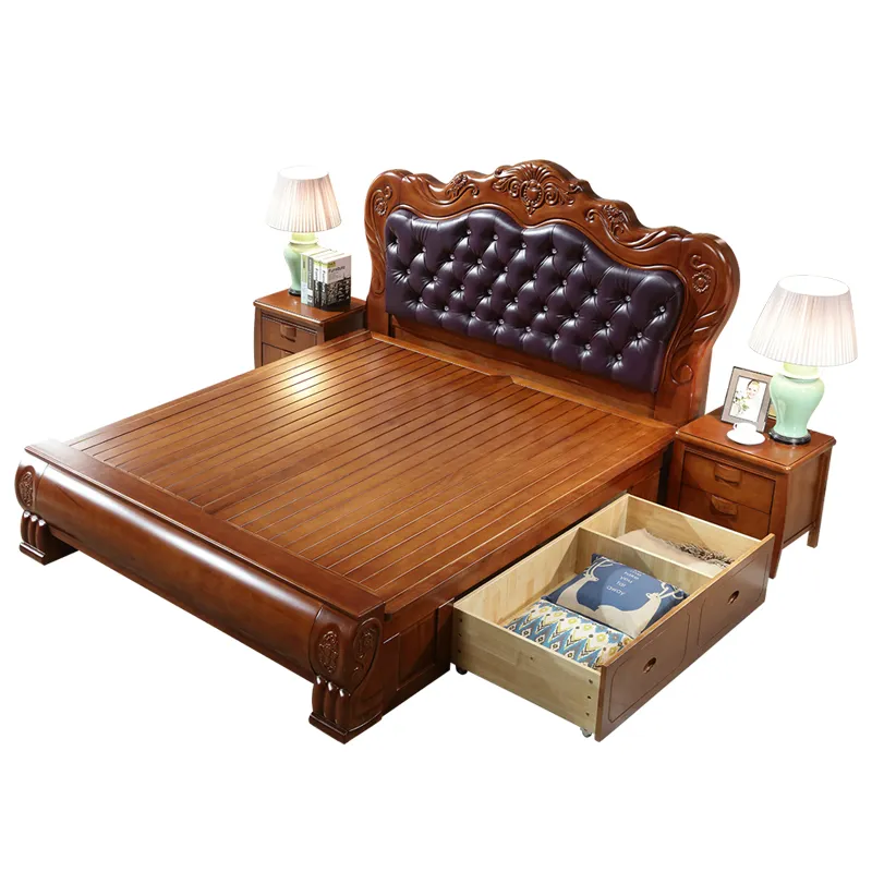 Quarto master europeu luxuoso 2.2m. cama de madeira sólida, cama dupla 2m 1.8m 1.5m altura caixa de cama de madeira sólida