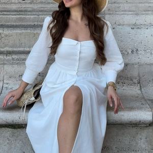 Vestido de Lino y Algodón Personalizable, Elegante, Cuello Cuadrado, Casual, Corte en A, Manga Larga, Abotonado, Midi, Verano, para Mujer - Product Image 1