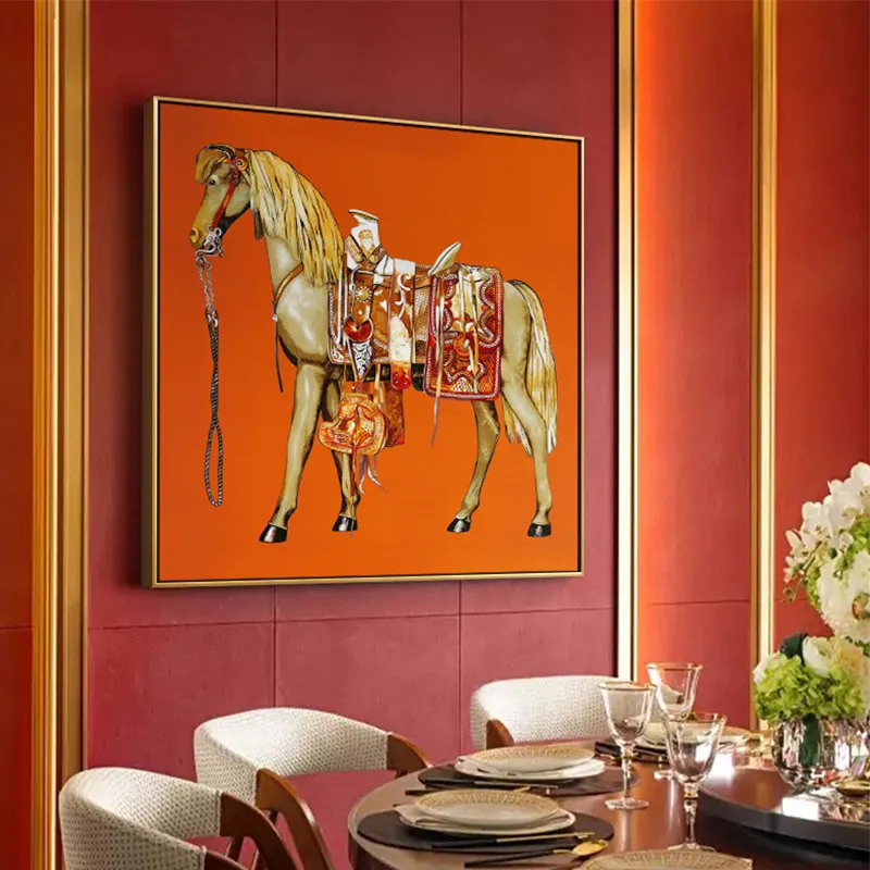 Golden Horse Luxury Canvas Painting Orange Background Modern Luxurious Abstract Horse Animal Canvas Paintings
