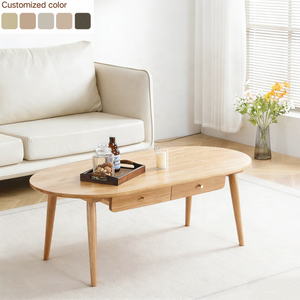 Mesa de Centro Ovalada Moderna con 2 Cajones, Mesa de Madera Sólida para Sala de Estar u Oficina, Muebles Minimalistas en Stock - Product Image 5