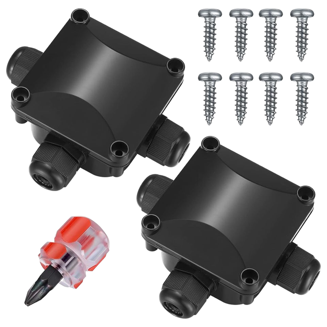 2 Pcs Outdoor IP68 Waterproof Polycarbonate Junction Box 3 Way Black Cable Connectors External Wires Lighting Cables