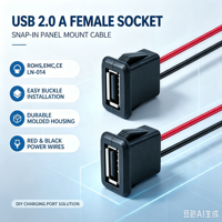 Connecteur de câble USB 2.0 A femelle à montage sur panneau LN-014 avec boucle, prise USB avec câbles d'alimentation pour modification de charge électronique