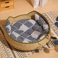 Lit pour chat en rotin tissé naturel, moderne, solide, fait main, avec coussin, pour l'intérieur, toutes saisons