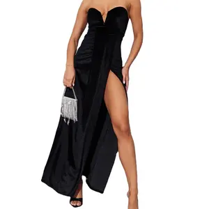 Kadın kulübü parti çapraz ön aç geri toplanan siyah kadife bol dökümlü Wrap detay Bodycon Maxi elbise