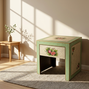 Table de chevet carrée en bois peinte à la main de style indien moderne, tabouret de salle de bain, table basse, design floral vert, meubles de salon - Product Image 3