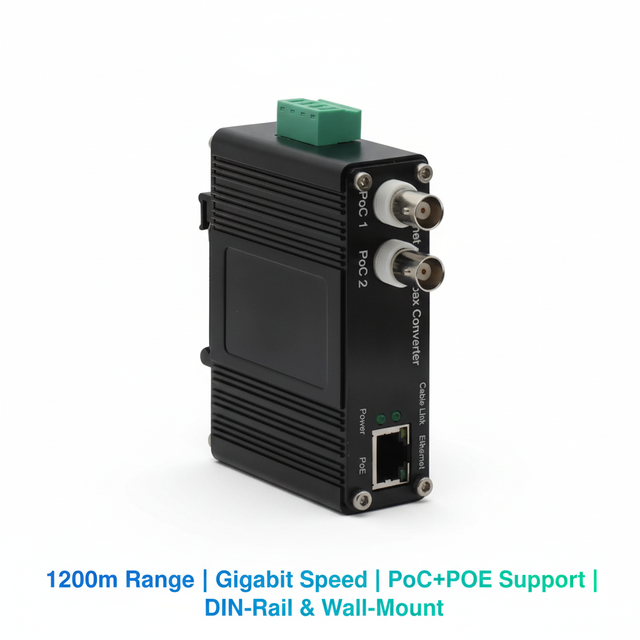 Industrial Ethernet Coax Extender 1200m 10/100/1000Mbps Full-Duplex PoC+PoE Support Anti-Interference DIN-Rail Wall-Mount Switch