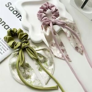 European American Summer Floral <b>Bow</b> Long Ponytail Ribbon Large Band Sweet Fabric Hair Tie Accessory - Product Image 4